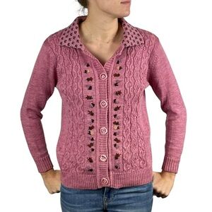 VINTAGE EMBROIDERED FLORAL PINK COTTAGECORE WOOL CARDIGAN SWEATER MINA MOLINARI